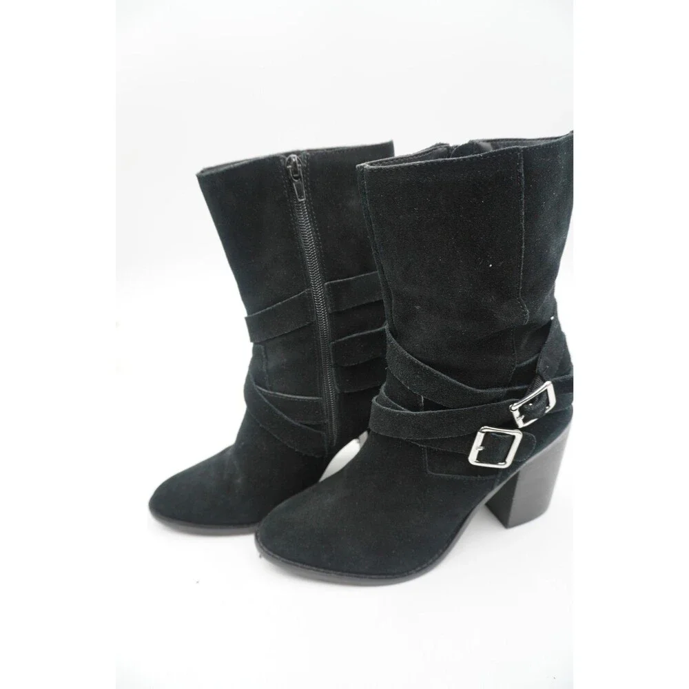 Chelsea & Violet Vicki Black Suede Double Buckle Boots  Block Heel Boots Sz 7.5M